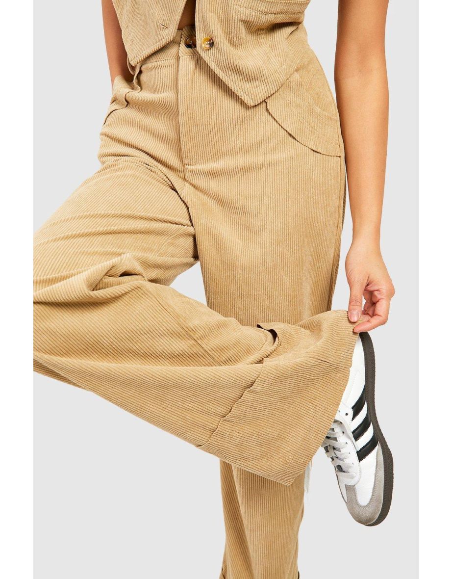 Fray Detail Wide Leg Cord Trousers - stone - 3