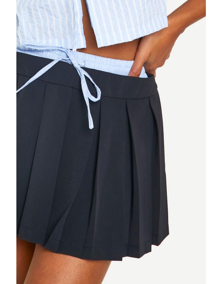Petite Contrast Boxer Waistband Pleated Mini Skirt - black - 3