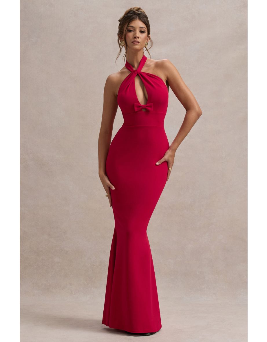 Raelynn | Red Halter-Neck Cut-Out Maxi Dress With Bow