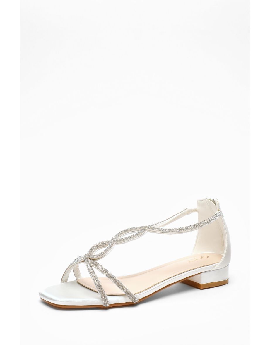 Quiz White Satin Diamante T-Strap Flat Sandals