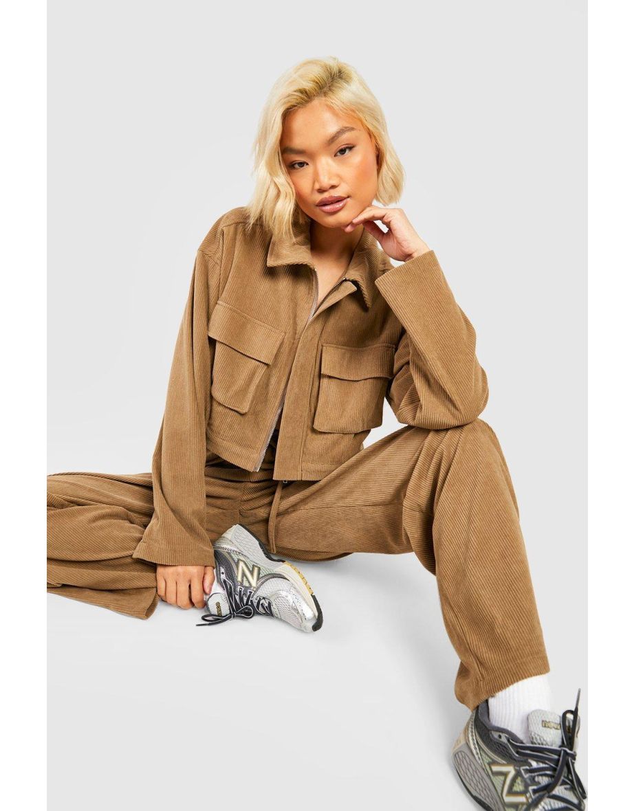 Cropped Cord Cargo Jacket - camel