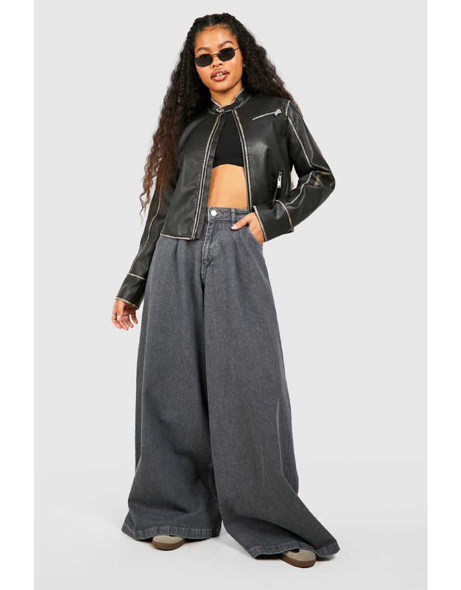 Petite Fitted Moto Vintage Look Faux Leather Jacket - black