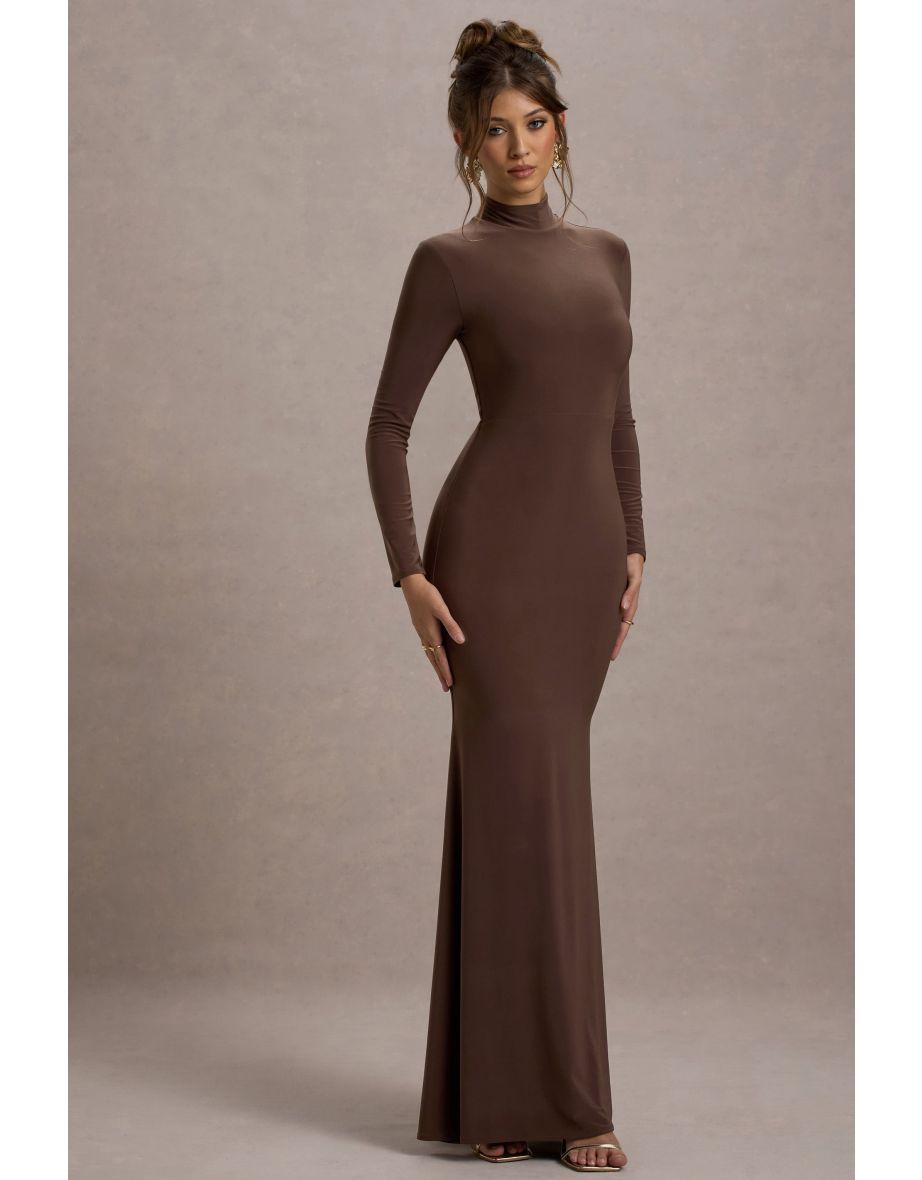 Tova | Chocolate High-Neck Long-Sleeve Fishtail Maxi Dress - 5