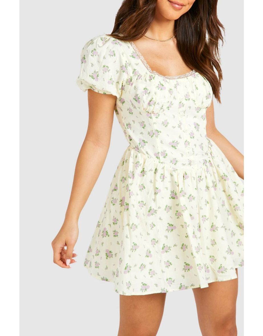 Ditsy Floral Puff Sleeve Milkmaid Mini Dress - yellow - 3
