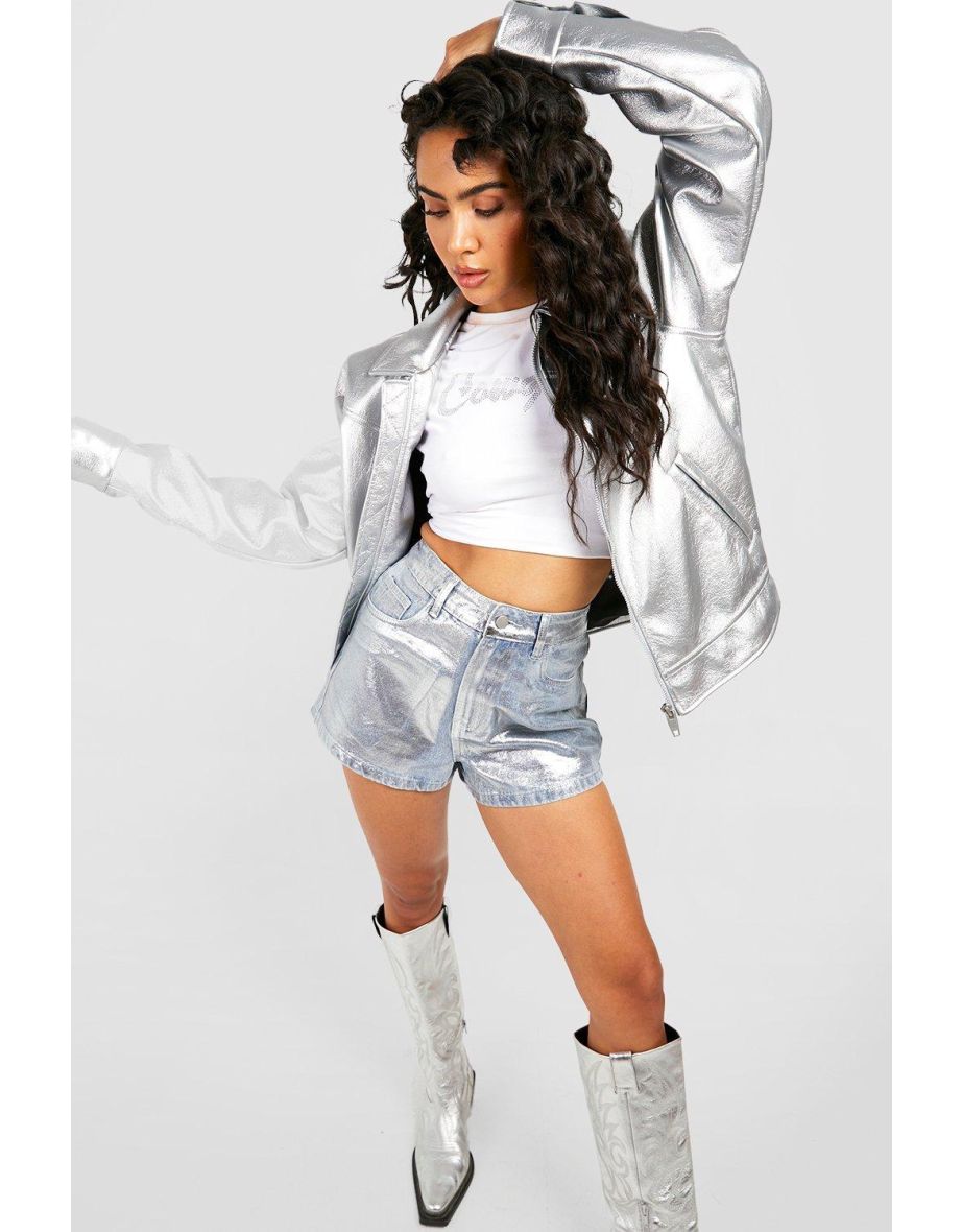 Metallic Denim Shorts - silver