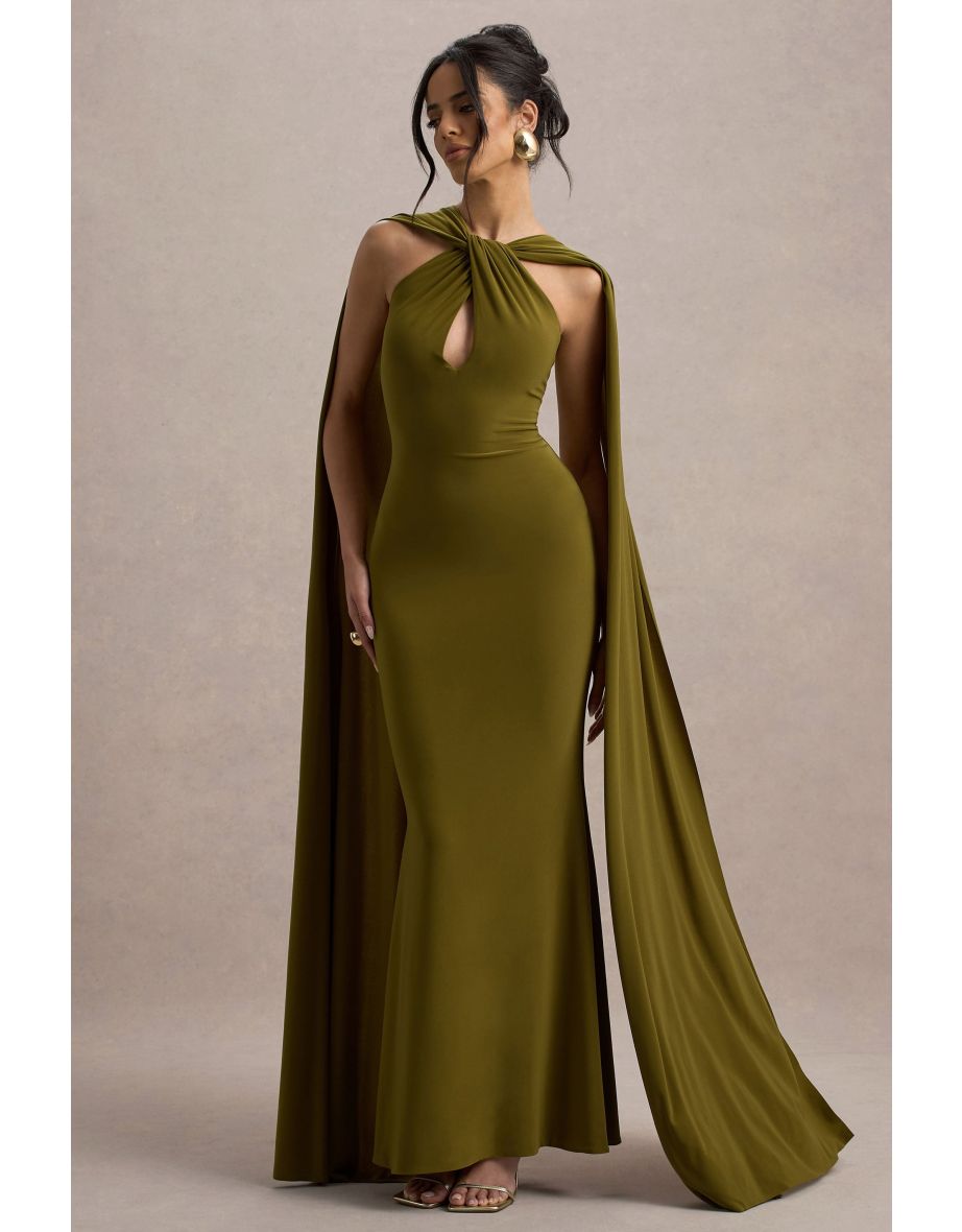 Rhoda | Green Twist Halter-Neck Cape Maxi Dress - 5
