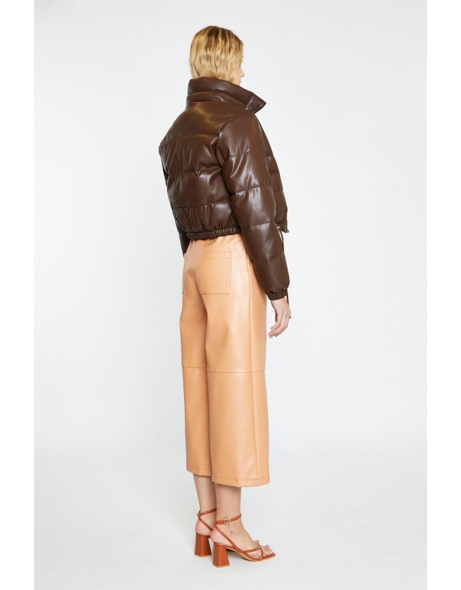 Brown PU Puffer Cropped-Jacket - 3