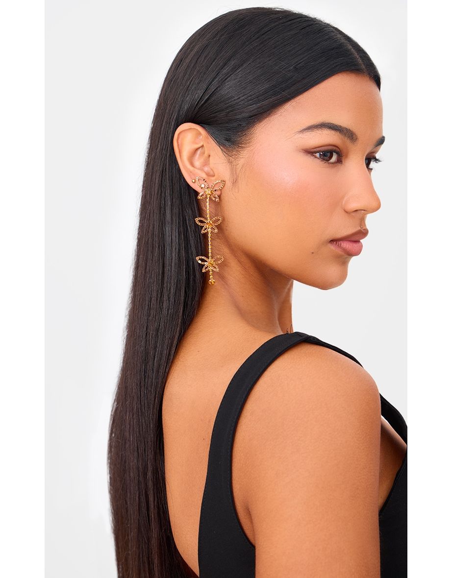 Gold Diamante Butterfly Statement Drop Earrings