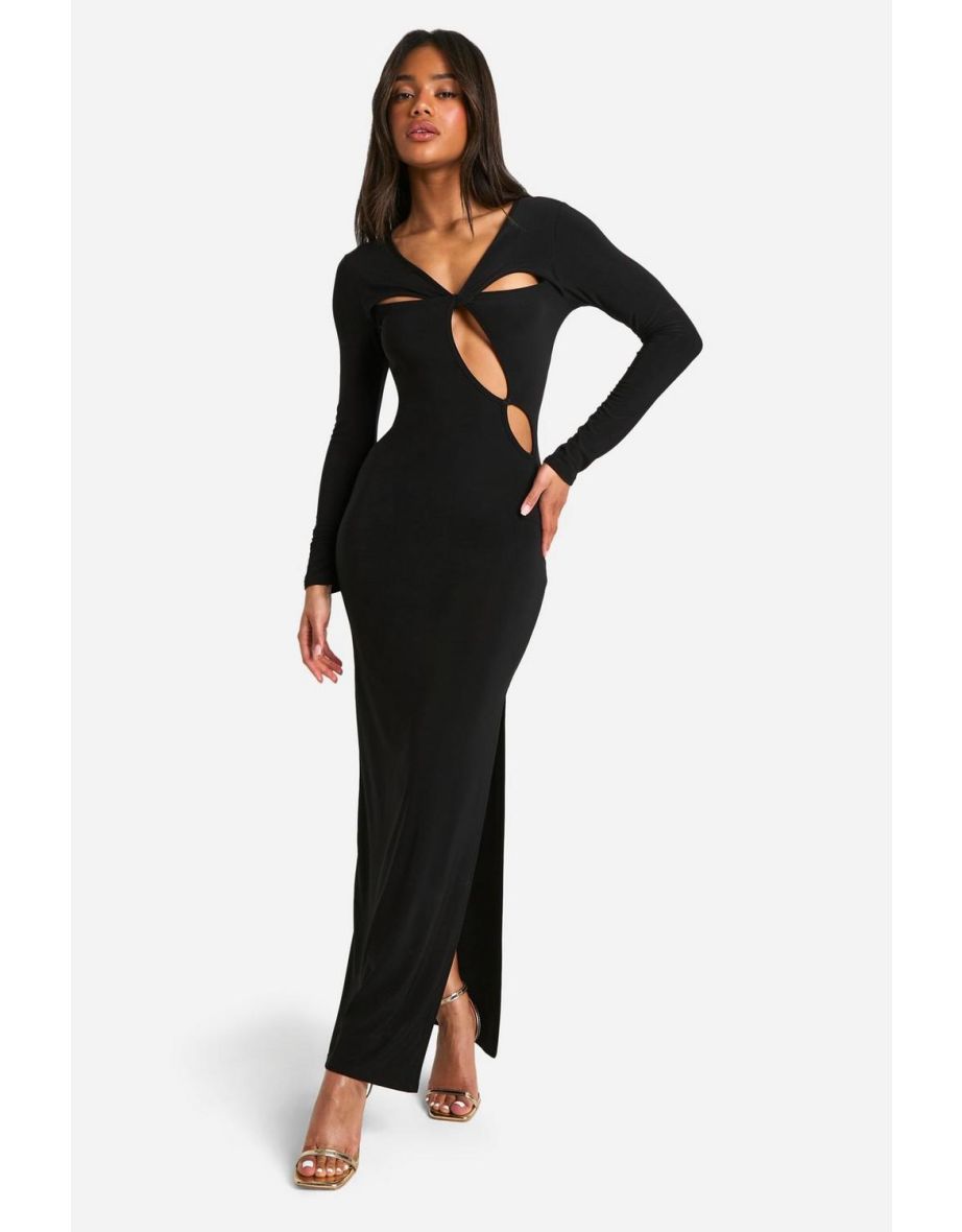 Cut Out Twist Detail Slinky Long Sleeve Maxi Dress - black