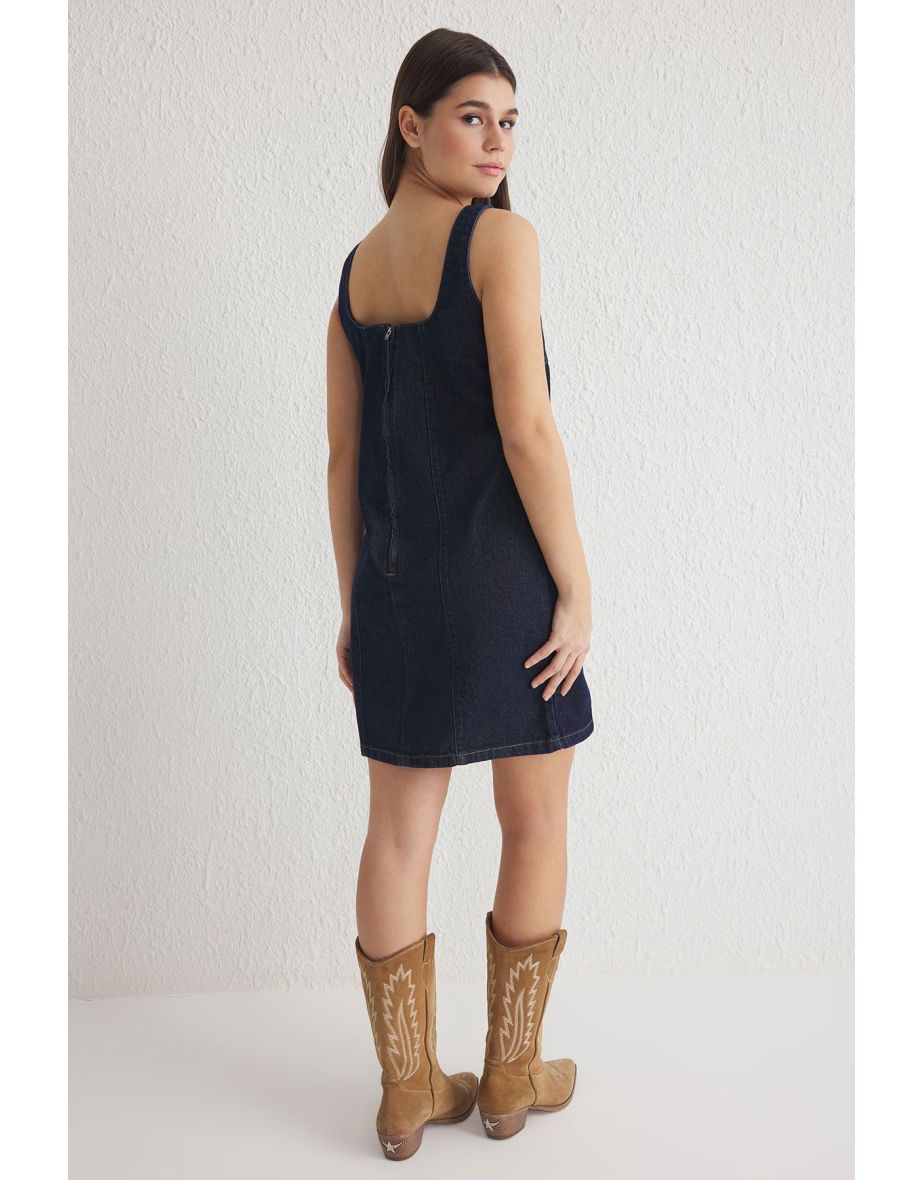 Dark Blue Buckled Adjustable Strap Mini Denim Dress - 4