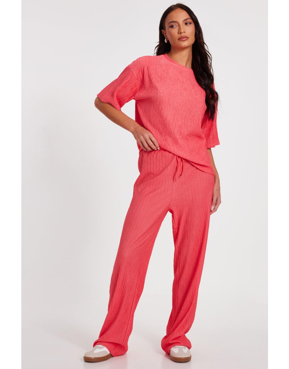 Coral Textured Round Neck T-Shirt