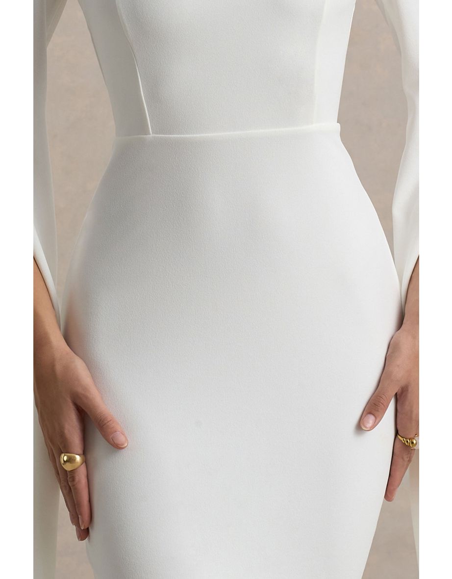 Linden | White Bodycon Cape-Sleeve Midi Dress - 5