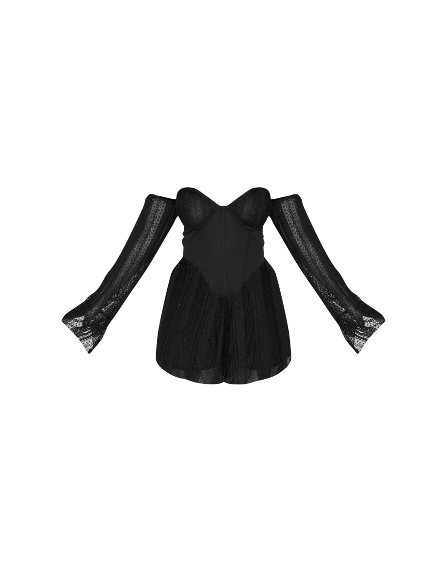 Plus Black Textured Lace Corset Detail Long Sleeve Playsuit - 4