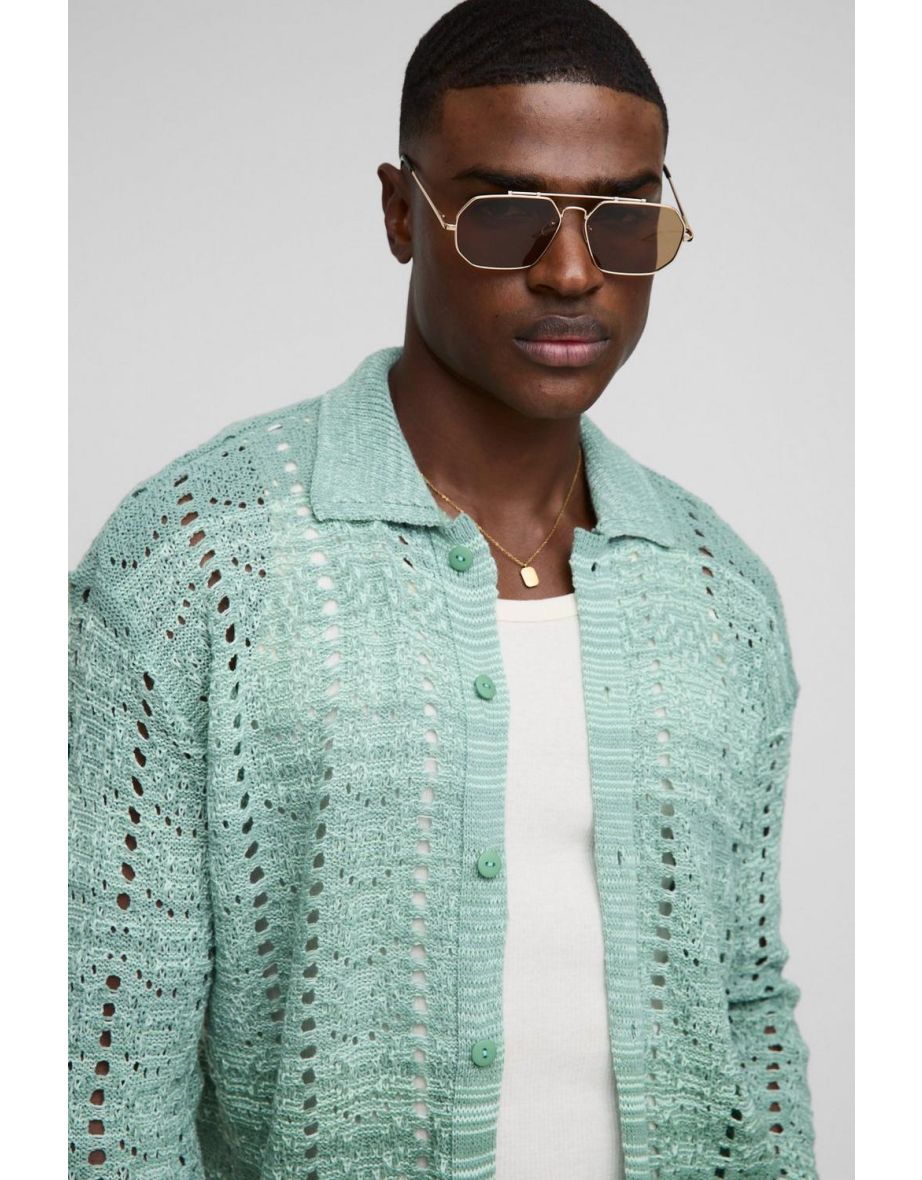 Regular Fit Ombre Stripe Crochet Knitted Shirt - green - 2