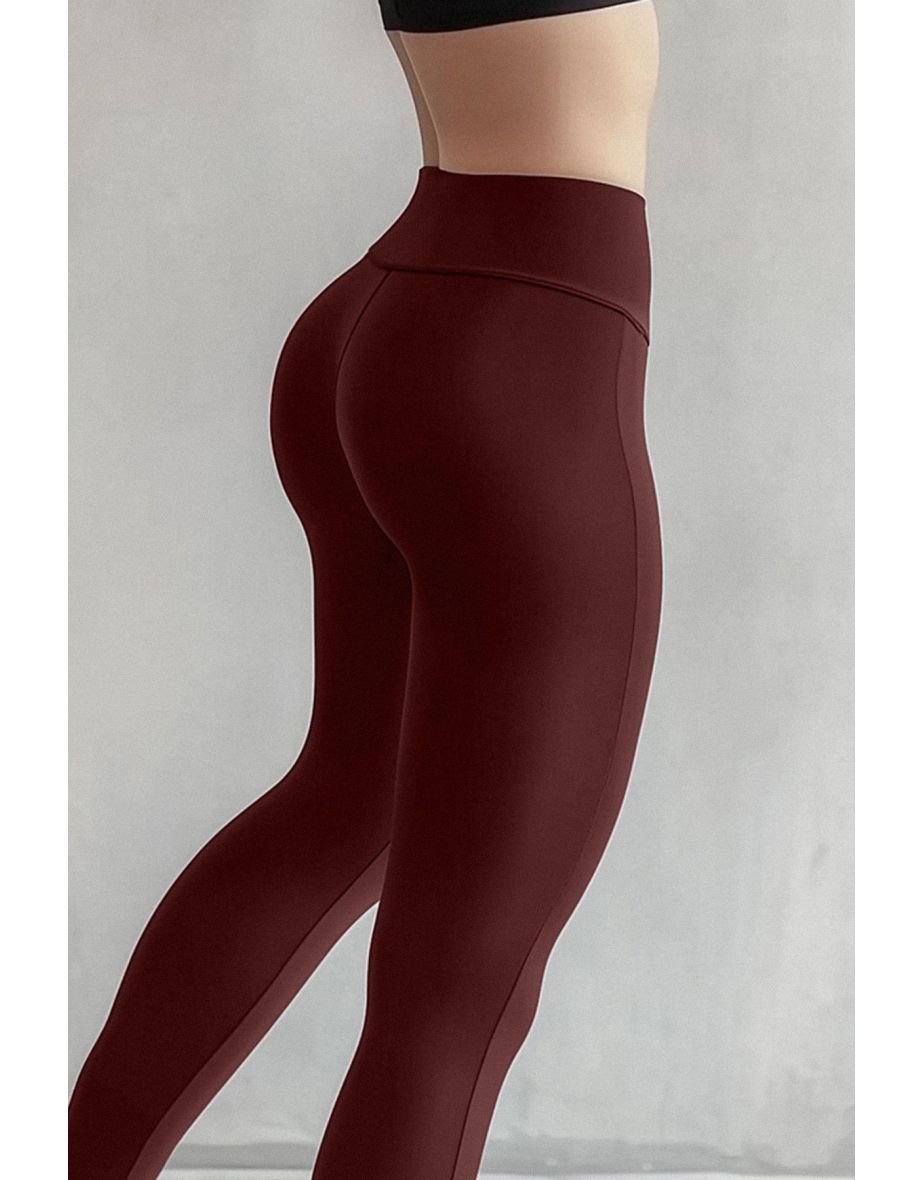 Burgundy Gathering High Waist Knitted Leggings with Elastic Waist - 9