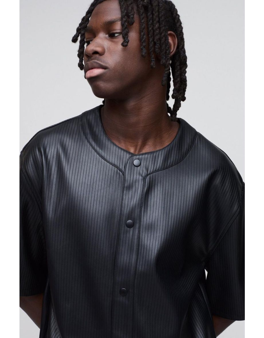 Oversized Embossed PU Baseball Shirt - black - 2