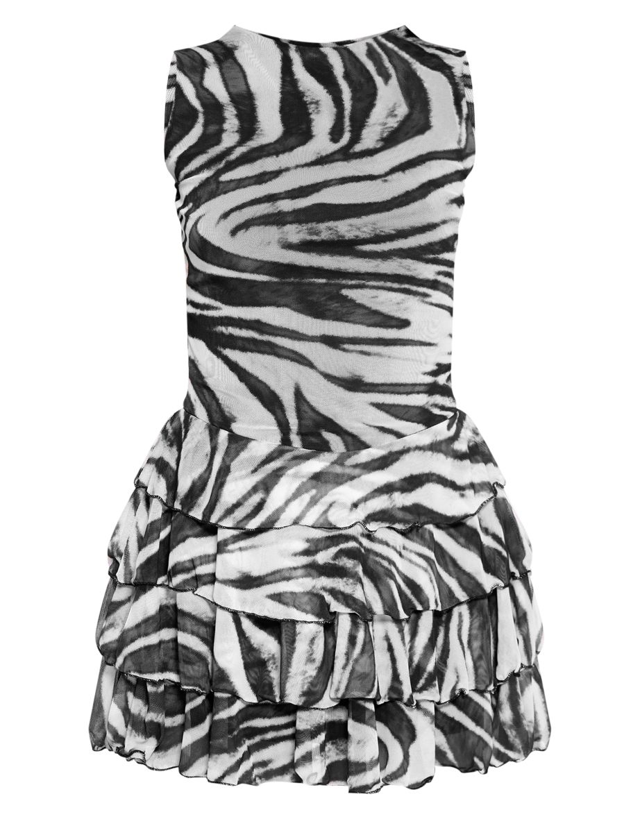 Grey Zebra Print Tiered Ruffle Crew Neck Mini Dress - 4