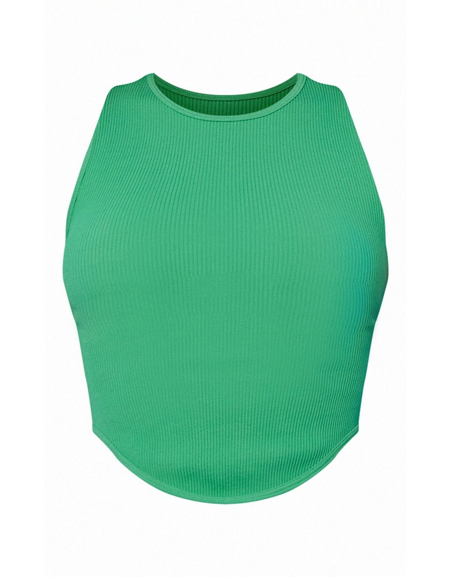 Bright Green Structured Contour Dip Hem Crop Top - 4