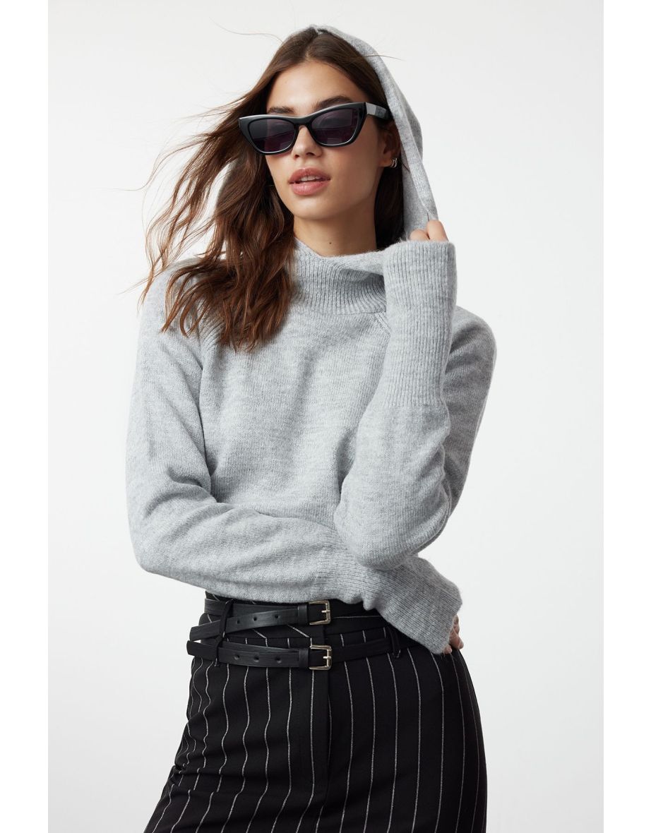 Shop Gray Hooded Sleeve End Finger-Cut Knitwear Sweater