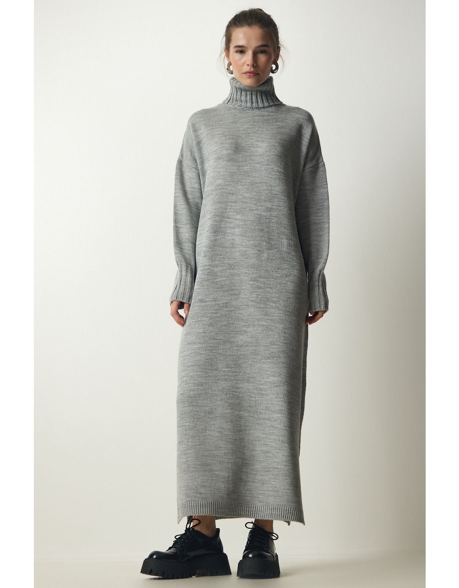 Women's Gray Turtleneck Slit Oversize Knitwear Dress
