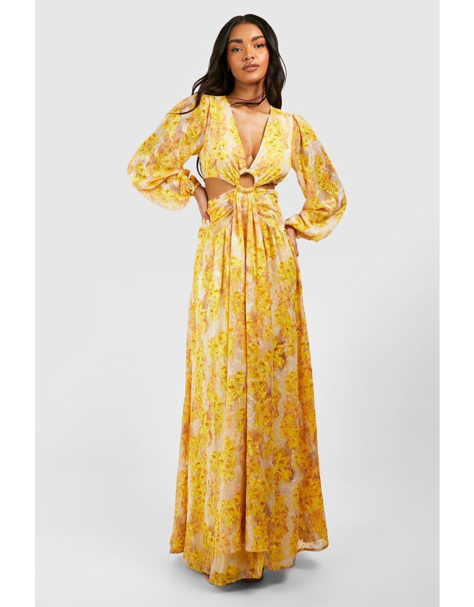 Floral Chiffon Cut Out Maxi Dress - yellow