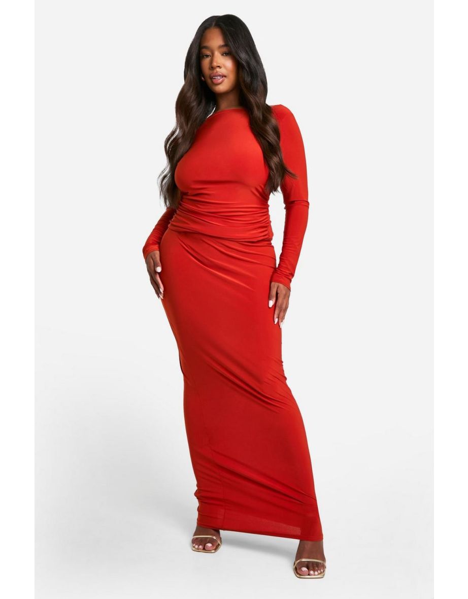 Shop Plus Double Layer Slinky Long Sleeve Scoop Back Bow Detail Top Maxi Skirt Co ord rust Online in Bahrain VogaCloset
