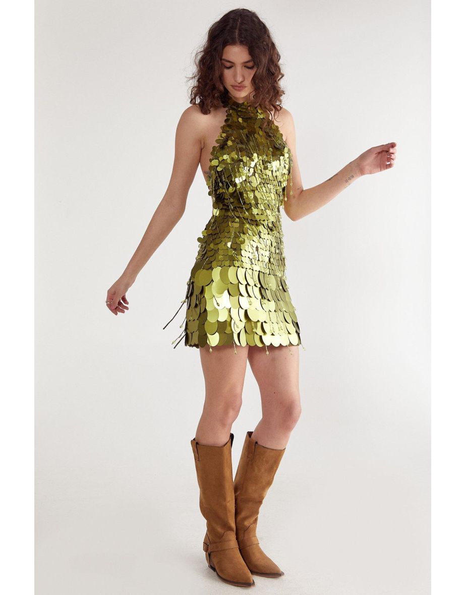 Disc Sequin Tassel High Neck Mini Dress