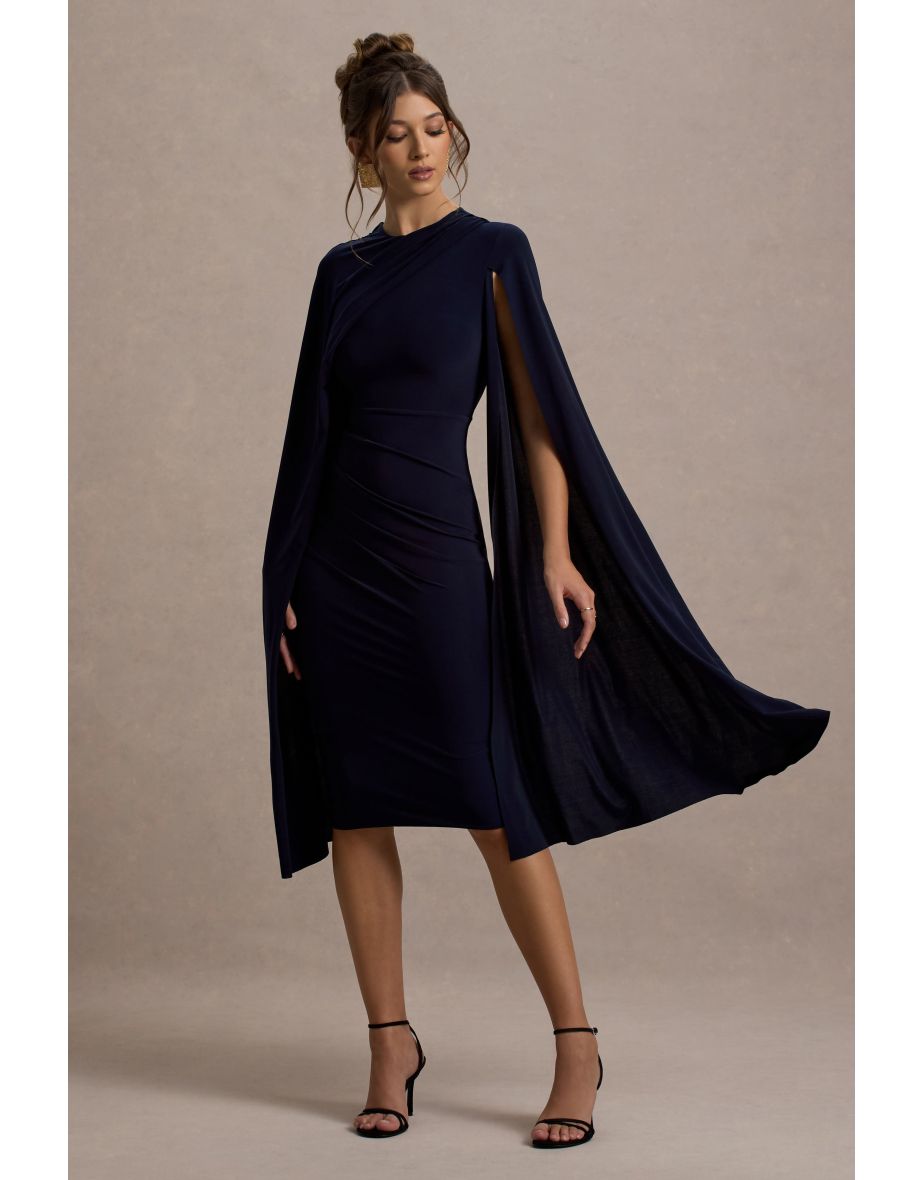 Marysol | Navy Asymmetric Cape Midi Dress