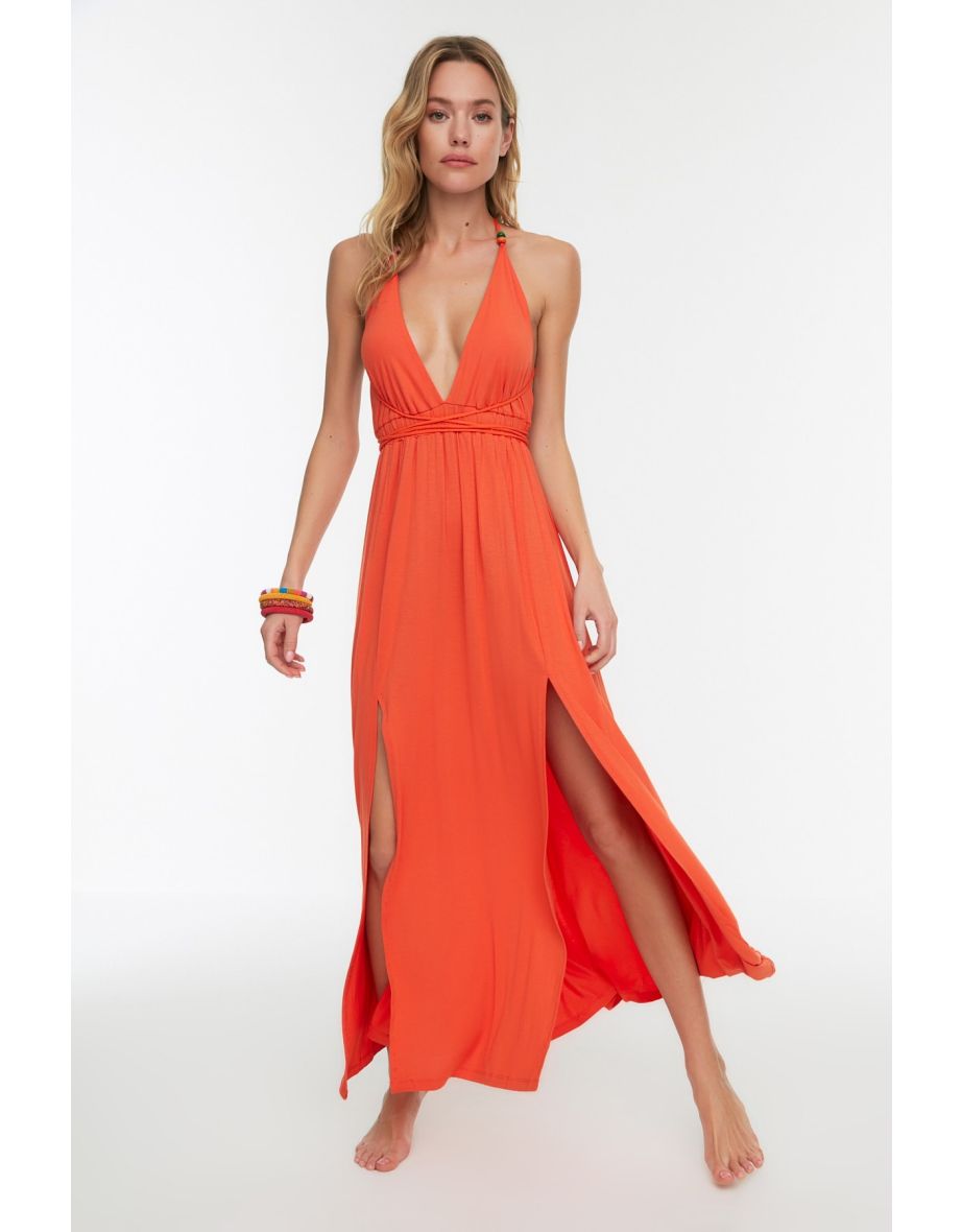 Orange Maxi Dress - Halter Neck