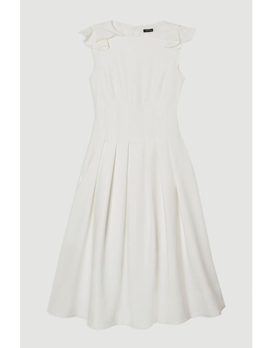 Structured Crepe Ruffle Shoulder Tailored Full Skirted Midaxi Dress - 3