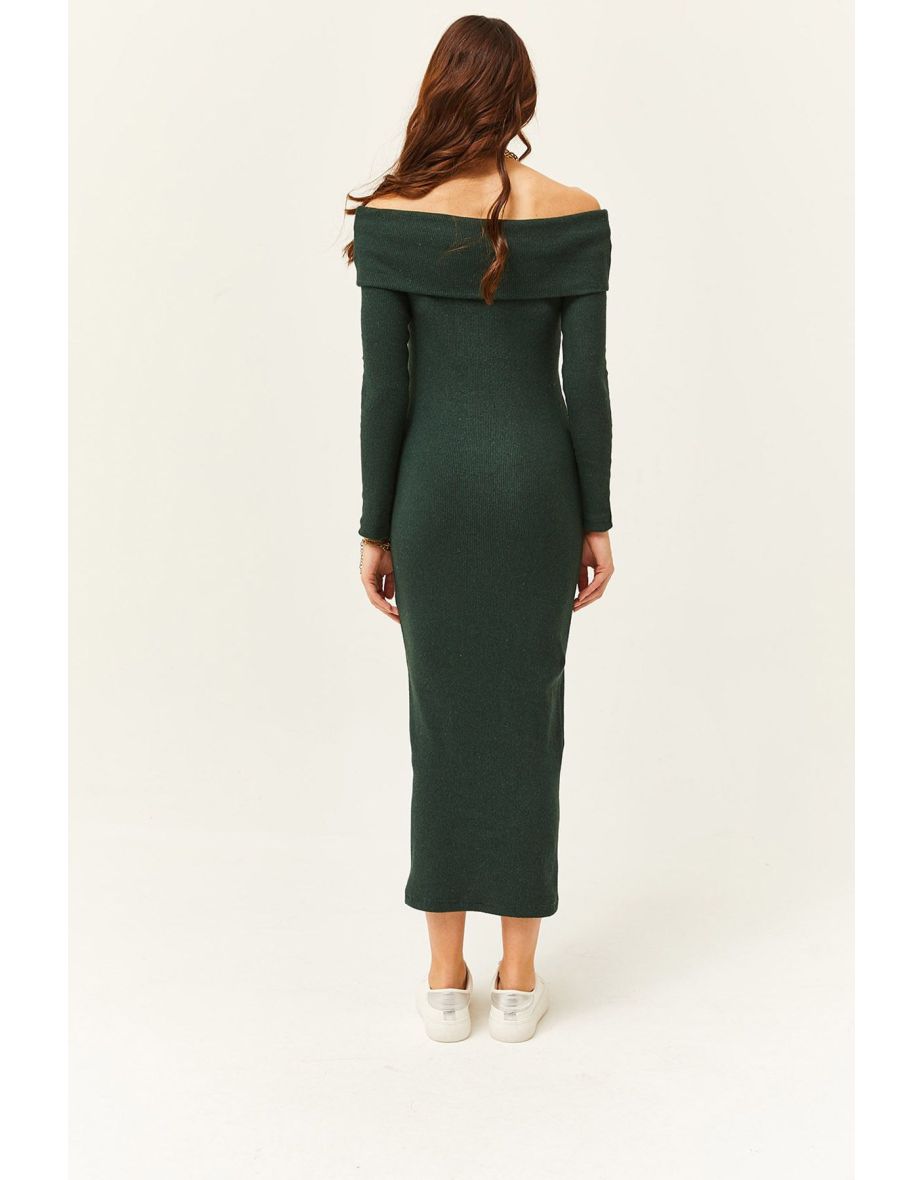 Women's Emerald Green Madonna Collar Lycra Long Dress - 4