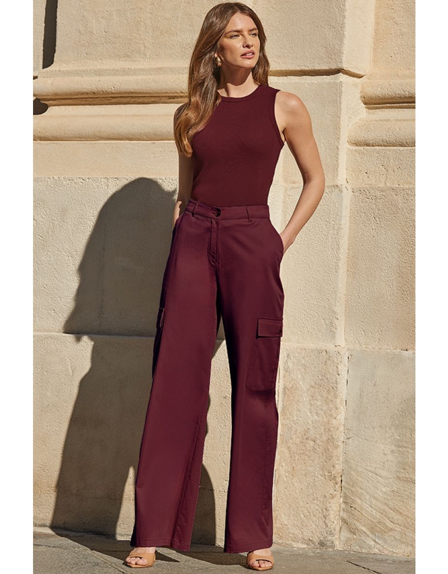 Burgundy Wide Leg Cargo Trousers - 4