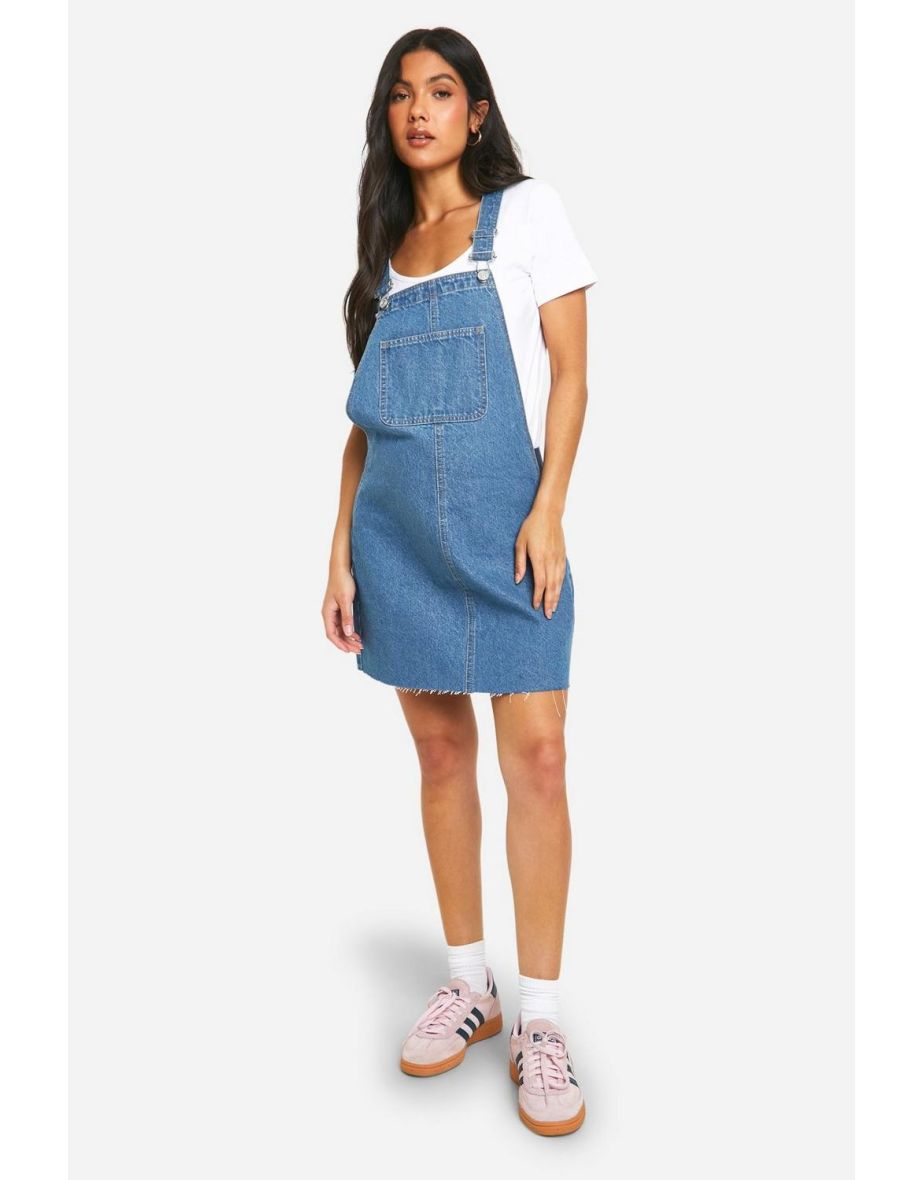 Maternity Denim Pinafore Dress - mid wash