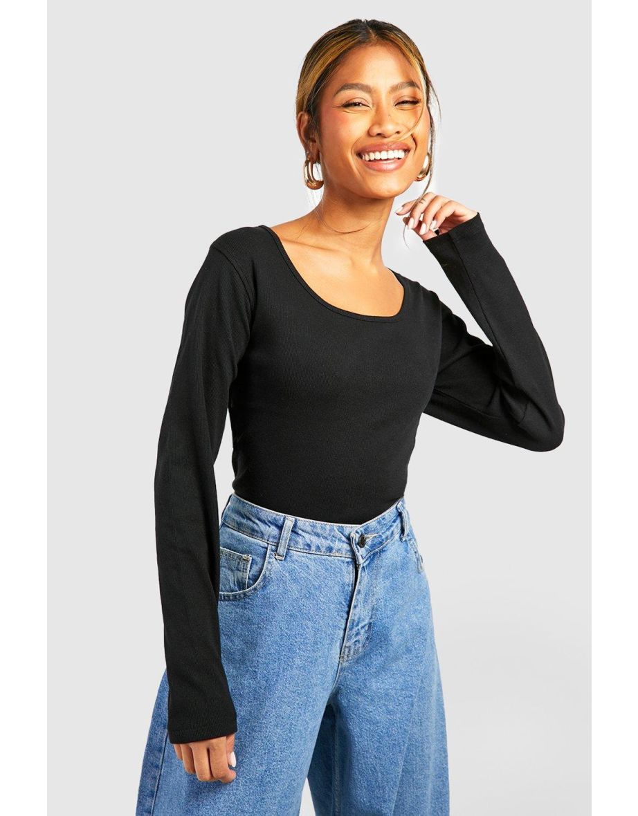 Basic Rib Scoop Neck Long Sleeve Top - black