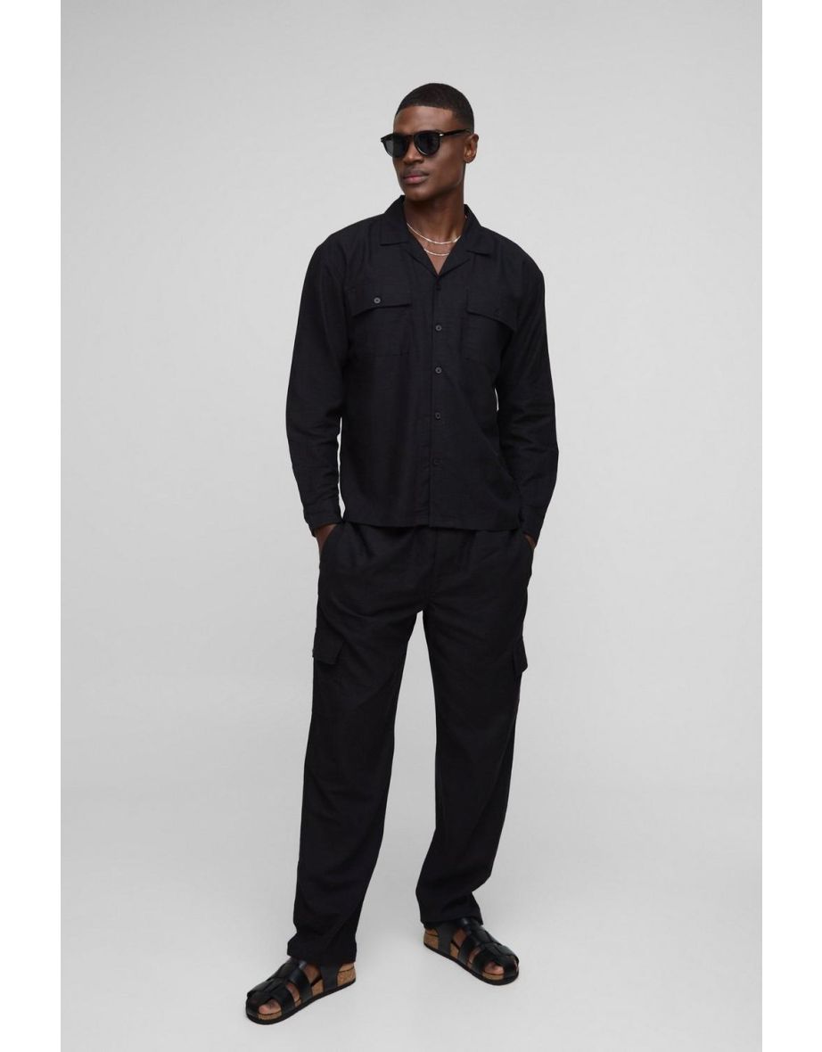 Oversized Linen Blend Cargo Pocket Shirt & Trouser Set