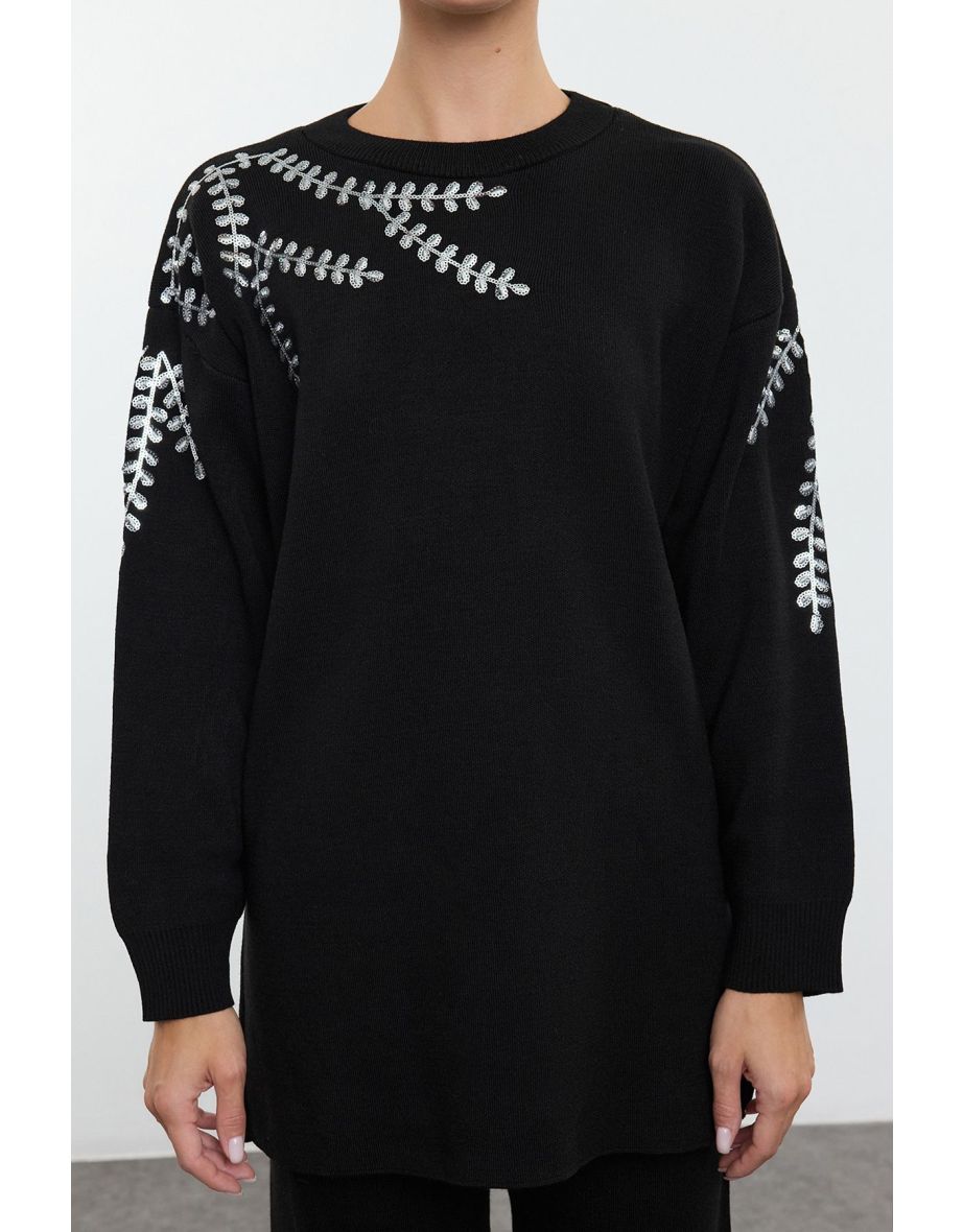 Black Sequin Embroidered Knitwear Bottom-Top Set - 4