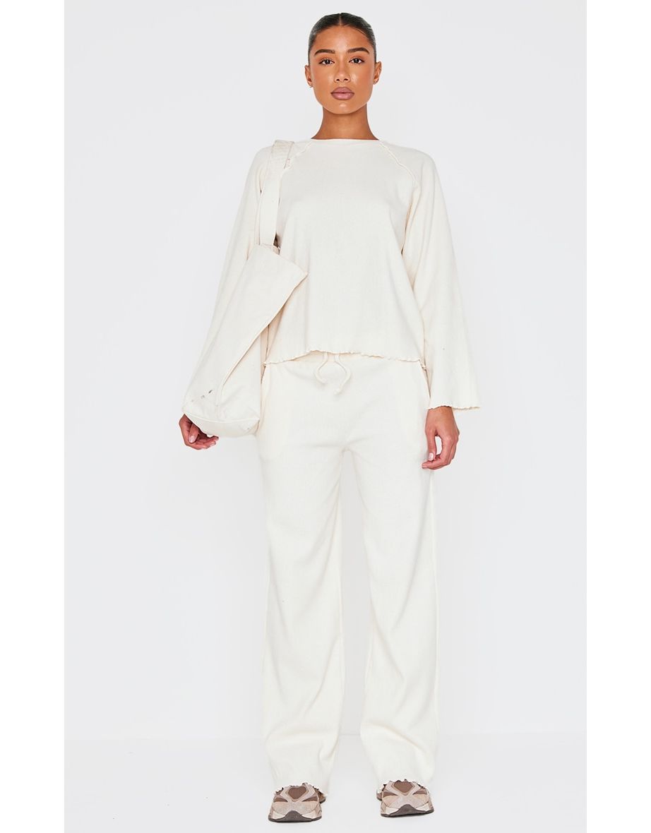 Cream Ribbed Oversized Wide Leg Trousers