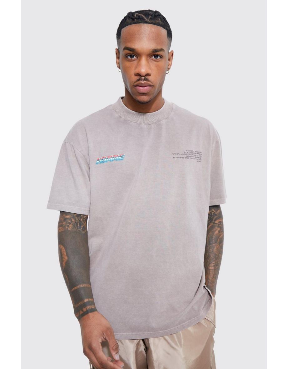 Oversized Acid Wash Motor Sport T-shirt - taupe - 2