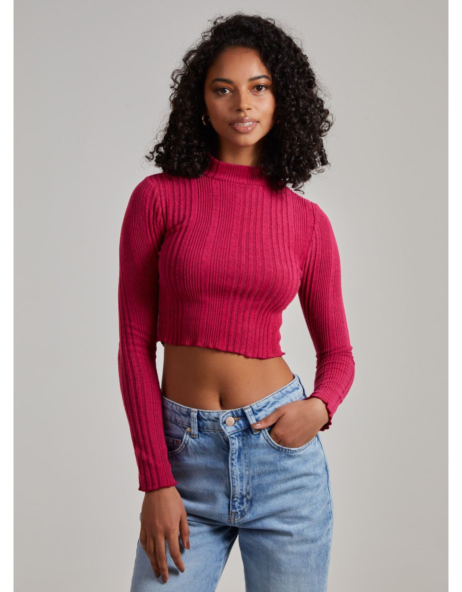 Ribbed Lettuce Hem Long Sleeve Crop Top