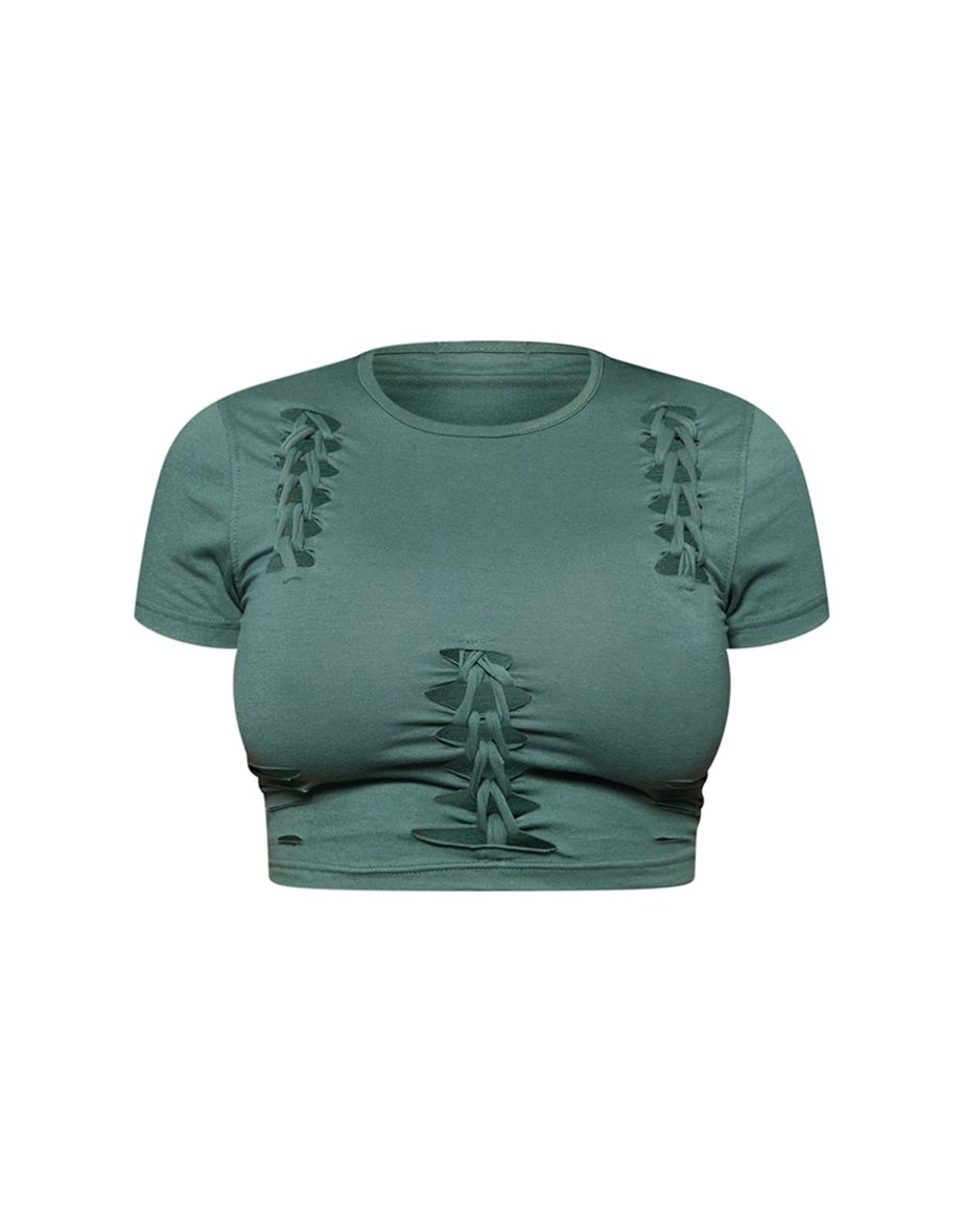 Shape Sea Green Laser Cut Short Sleeve Crop Top - 4