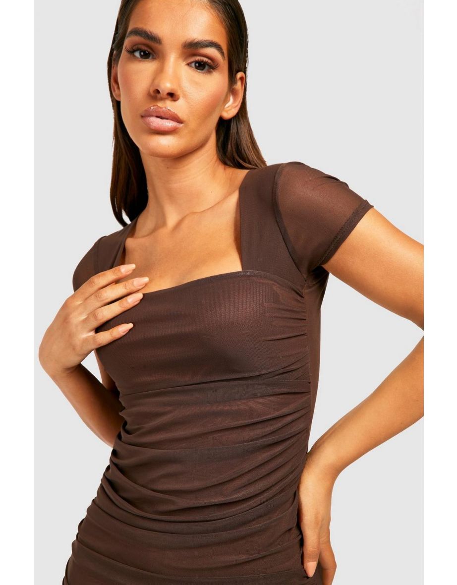 Short Sleeve Ruched Mesh Bodycon Midi Dress - chocolate - 3