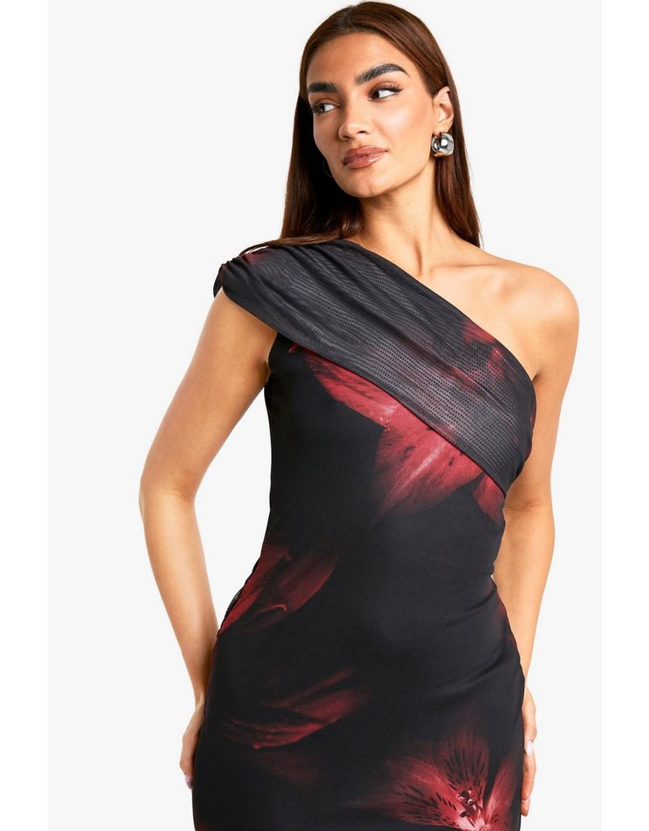 Fold Over One Shoulder Floral Mesh Maxi Dress - black - 3