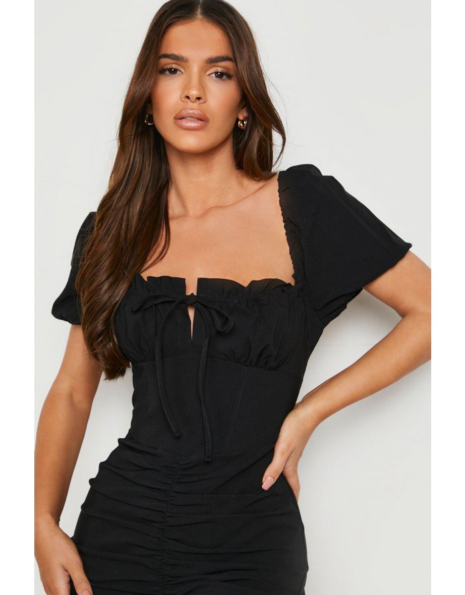Puff Sleeve Ruched Detail Mini Dress - black - 3