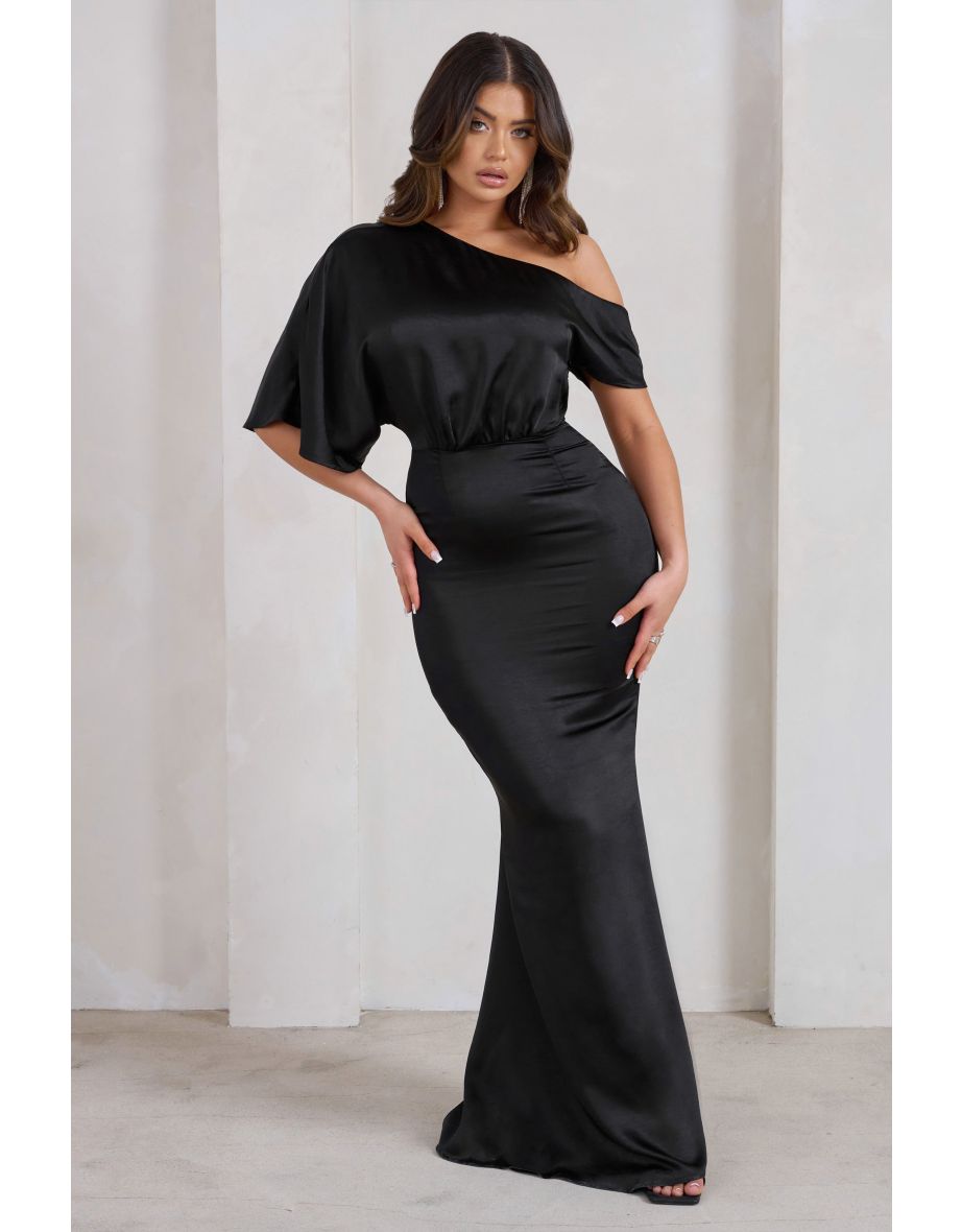 Sabrina | Black Asymmetric Off The Shoulder Satin Maxi Dress - 4
