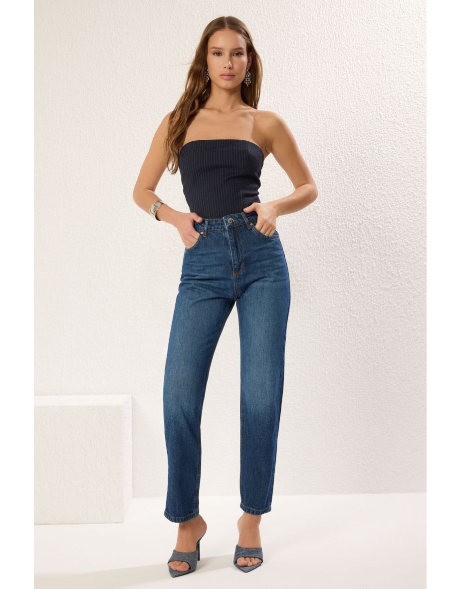 Dark Blue High Waist Straight Jeans
