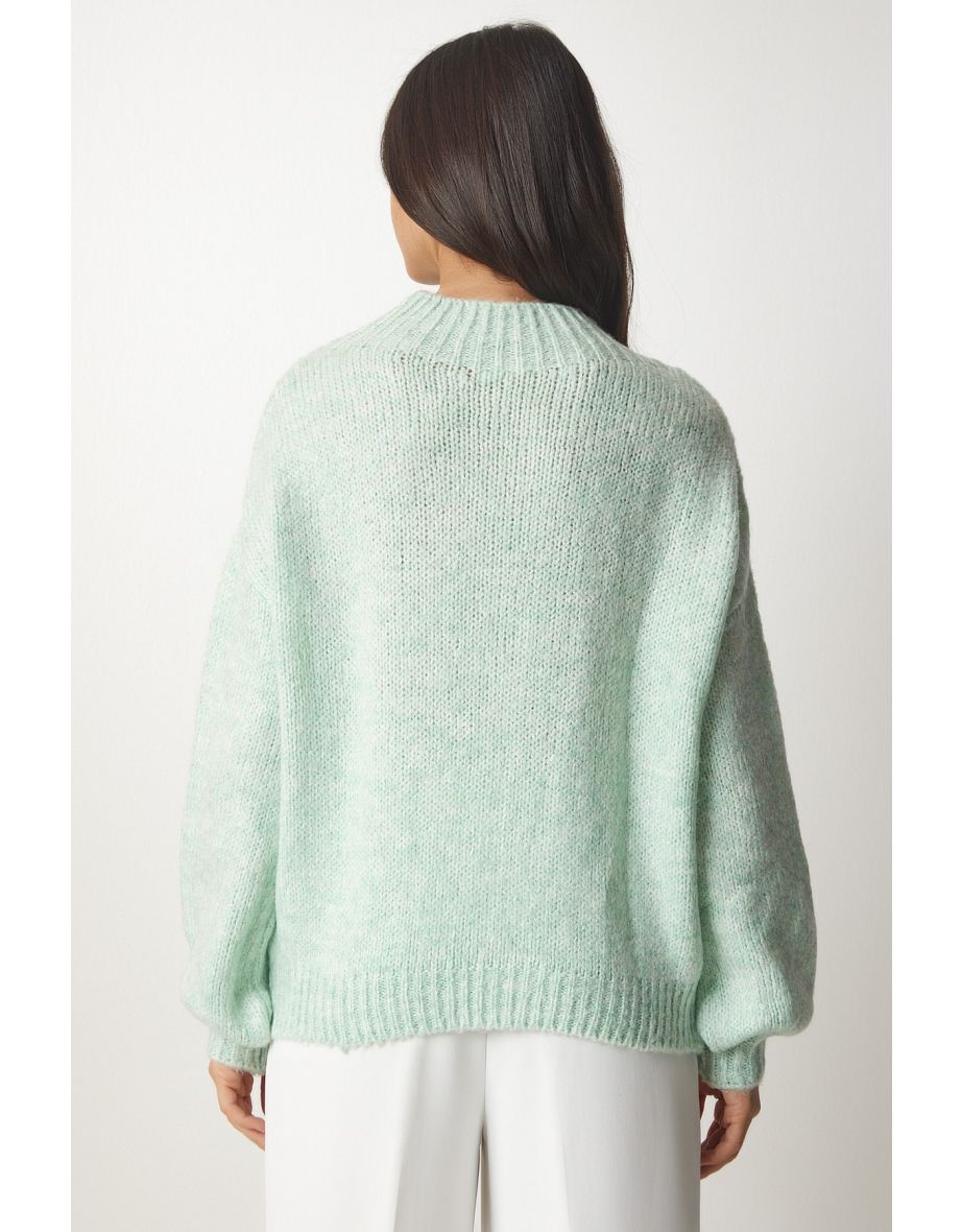 Women's Nile Green Stand-Up Collar Basic Knitwear Sweater MX00127 - 5