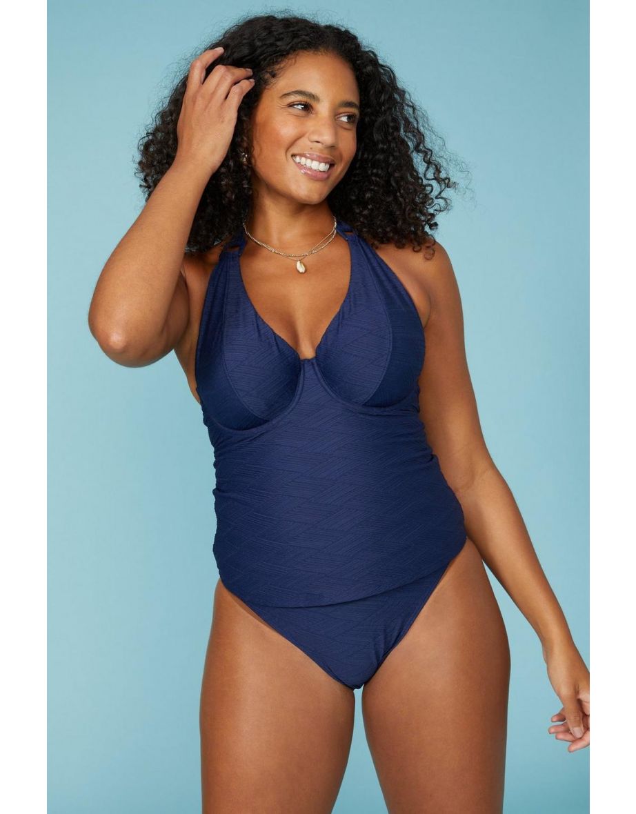 Gorgeous Texture Plunge Halter Nonpad Tankini - navy