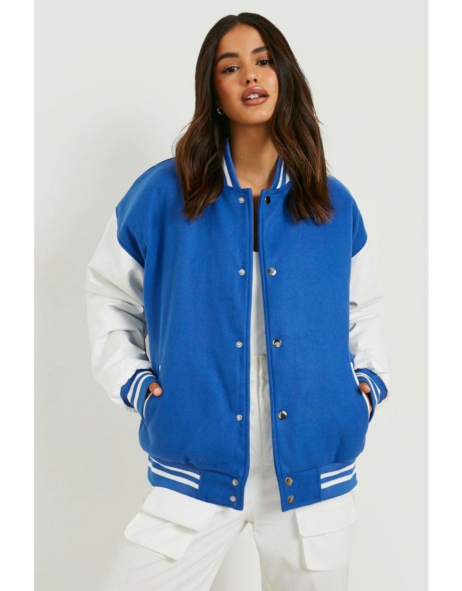 Pu Sleeve Padded Varsity Jacket - cobalt