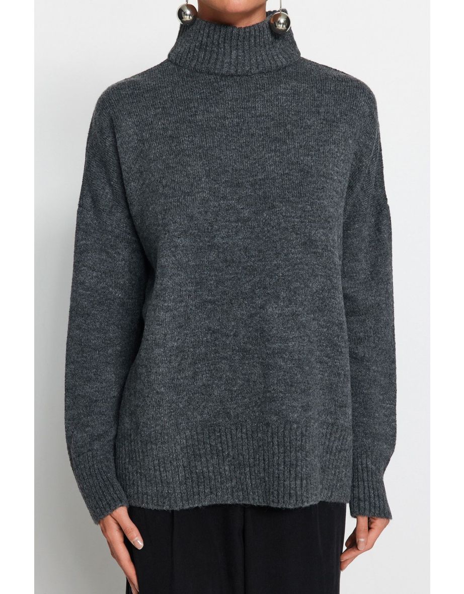 Anthracite Wide Fit, Soft Textured Stand-Up Collar Knitwear Sweater - 7
