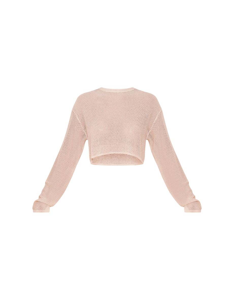 Stone Textured Sheer Knit Floaty Long Sleeve Crop Top - 4